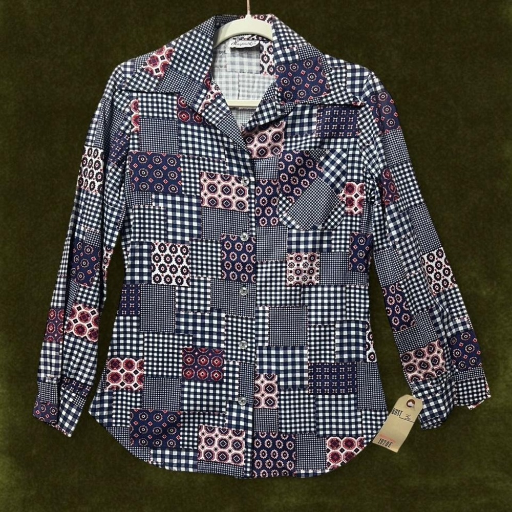 VTG 70s Haymaker Patchwork Print Blouse - Modern Small